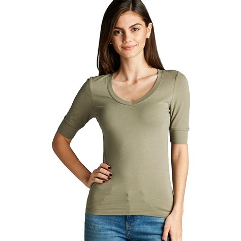 SNJ - Women's Basic Elbow Sleeve V-Neck Cotton T-Shirt Plain Top-Plus Size Available (FAST ...