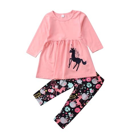 Toddler Girls Long Sleeve Floral Dress Unicorn Clothing Set Kids Tops ...