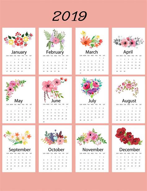 Plantilla floral del calendario 2019 Stock de Foto gratis - Public Domain Pictures