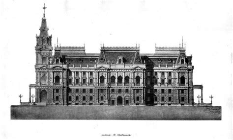 an old drawing of a large building with spires on it's roof and windows