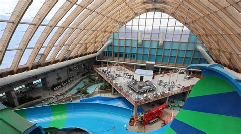 the inside of an indoor water park