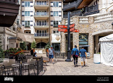 Vail, USA - June 29, 2019: Lionshead village in rocky mountain ski resort in Colorado with sign ...