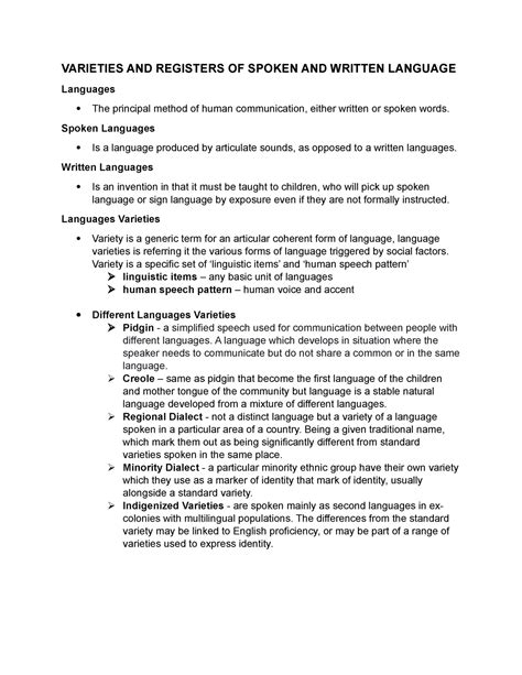 Varieties AND Registers OF Spoken AND Written Language - VARIETIES AND ...