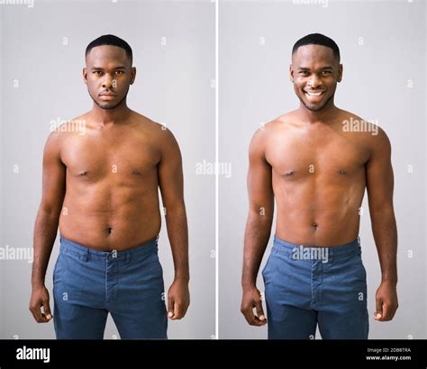 Man Before And After Weight Loss On Gray Background Stock Photo - Alamy