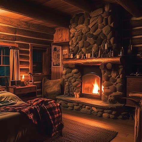 Premium AI Image | A log cabin with a fireplace and a log fireplace.