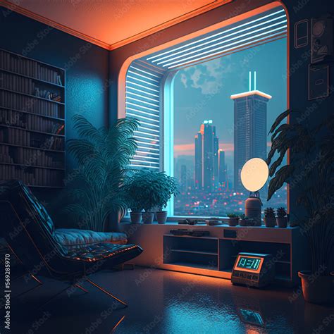 Nostalgic retro room in 80s synthwave or cyberpunk style. Futuristic neon interior of the 90s ...