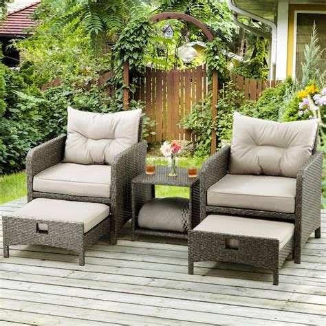 PamaPic 5-Pieces Wicker Patio Furniture Set Outdoor Patio Chairs with Ottomans, Gray Cushions BT ...