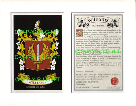 WILLIAMS Family Coat of Arms Crest + History - Available Mounted or ...