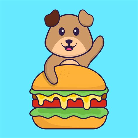 Cute dog eating burger. Animal cartoon concept isolated. Can used for t-shirt, greeting card ...