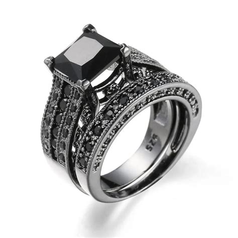 2019 2 in 1 Womens Vintage Black Silver Engagement Wedding Band Ring ...