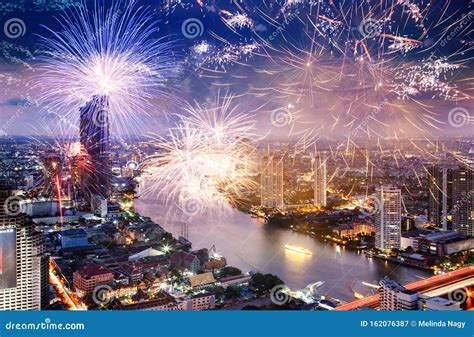 Fireworks Over Bangkok Downtown New Year Destination Stock Image - Image of event, arun: 162076387