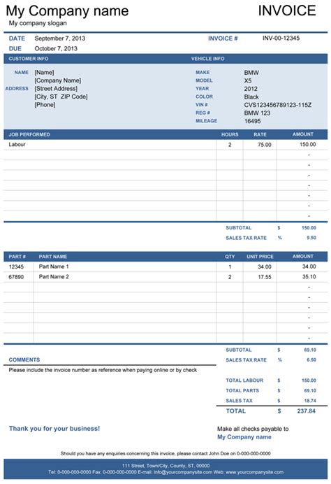 Vehicle Repair Invoice Template for Excel