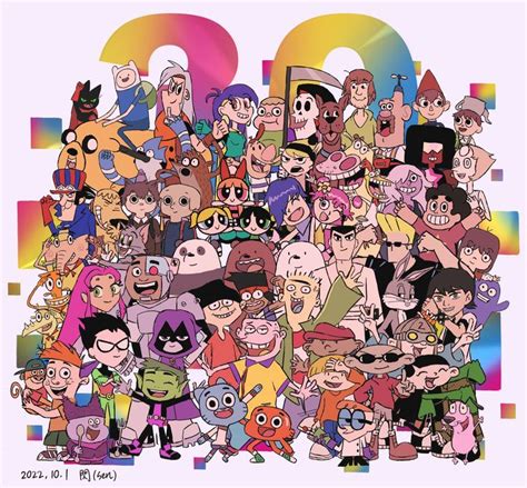 a large group of cartoon characters are grouped together