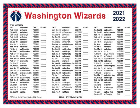 Printable 2021-2022 Washington Wizards Schedule