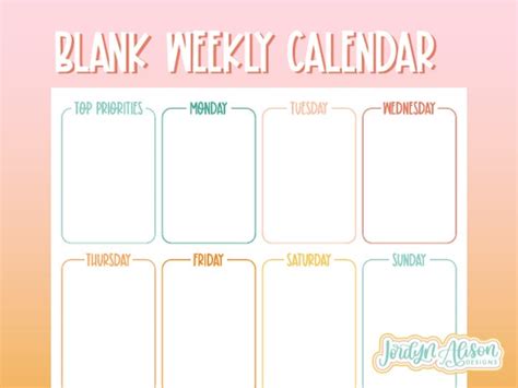 Blank Weekly Calendar Template Simple Calendar Printable | Etsy