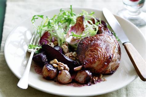 Roasted duck with red wine spiced pears and shallots