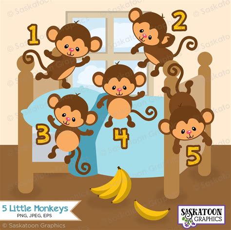 5 Little Monkeys Jumping on the Bed Clipart Set Instant - Etsy