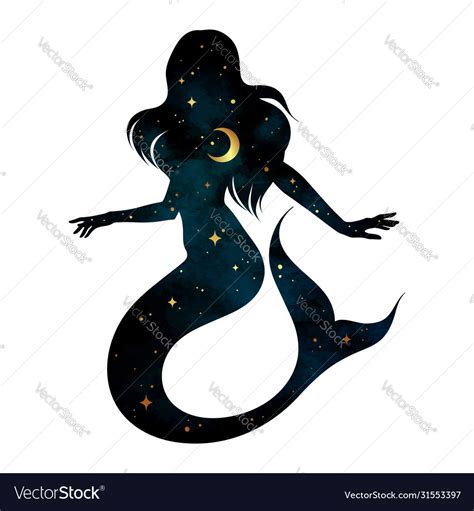 Beautiful mermaid silhouette with crescent moon Vector Image