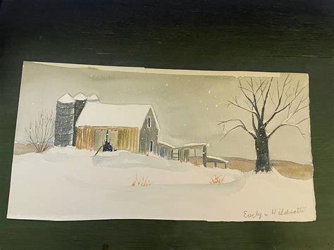 Vintage Winter Barn Landscape Watercolor Painting Signed Evelyn ...