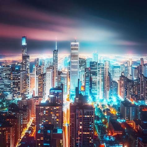 Premium AI Image | A city skyline with a foggy night sky and a cityscape in the background