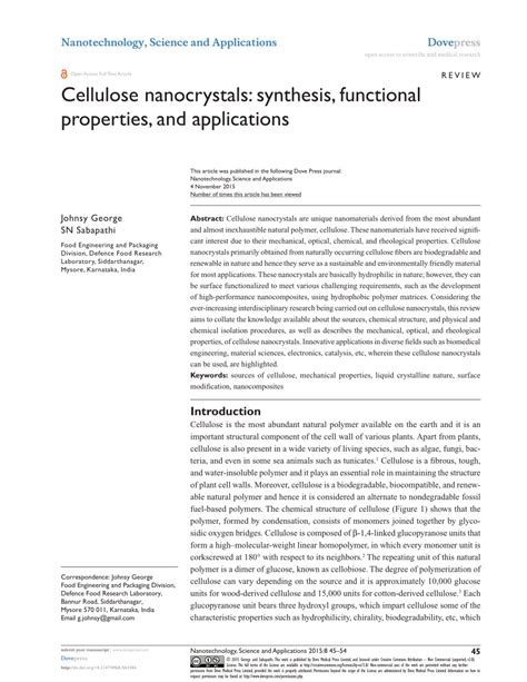 (PDF) Cellulose nanocrystals: Synthesis, functional properties, and applications