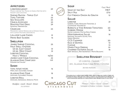 Chicago Cut Steakhouse menu in Chicago, Illinois, USA