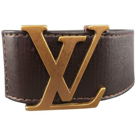 LOUIS VUITTON Size 44 Dark Gold Brass LV Buckle Brown Utah Leather Belt ...