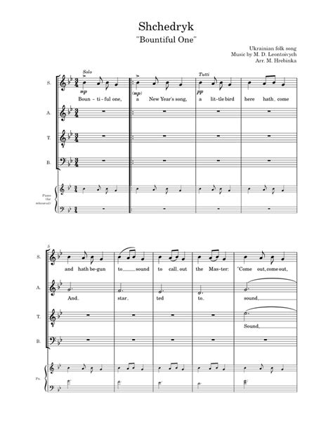 Shchedryk (Bountiful One) – Mykola Dimitrovytch Leontovych Sheet music for Piano, Soprano, Alto ...