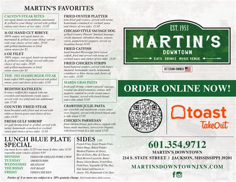 Martin's Downtown menu in Jackson, Mississippi, USA