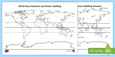 world map continent and ocean labeling worksheet twinkl - world map with continents and ...