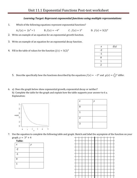 Unit 11 1 Post test Worksheet Exponential Functions