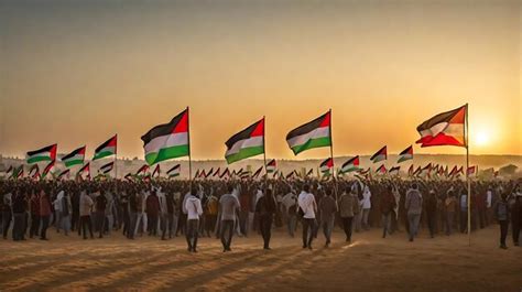 Premium Photo | Distant Protest with Palestine Flags Sunset