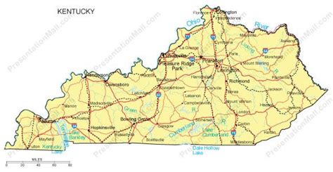 Kentucky Map - Major Cities, Roads, Railroads, Waterways - Digital Vector, Illustrator, PDF, WMF