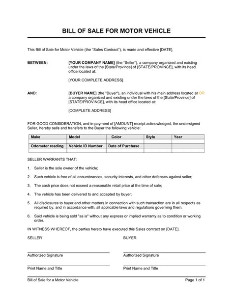 Bill of Sale for a Motor Vehicle Template | by Business-in-a-Box™