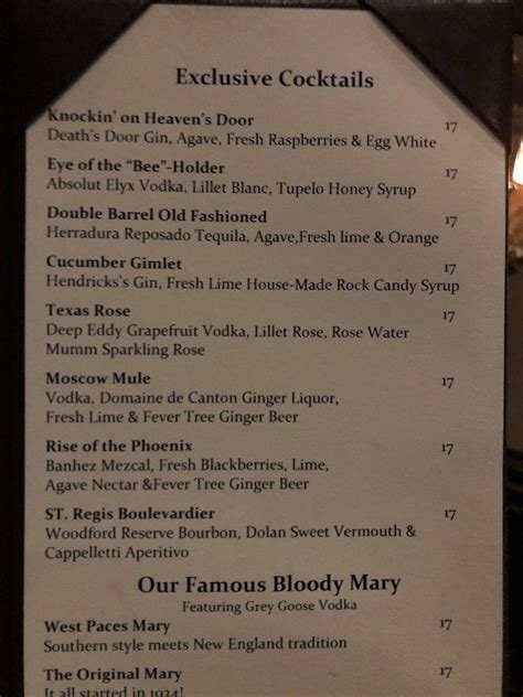 Menu at St. Regis Bar, Atlanta