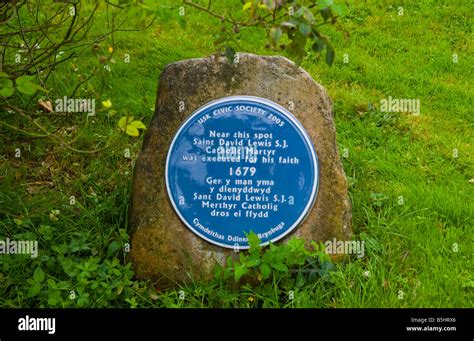 Blue Plaque marking site of execution of Saint David Lewis 1679 in the rural market town of Usk ...