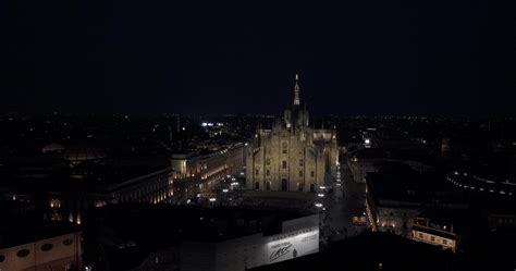 Night aerial view of the Milan city center from above. Beautiful Duomo ...