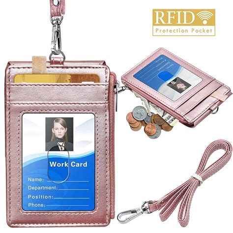 Badge Holder with Zipper, ELV PU Leather ID Badge Card Holder Wallet with 5 Card Slots, 1 Side ...