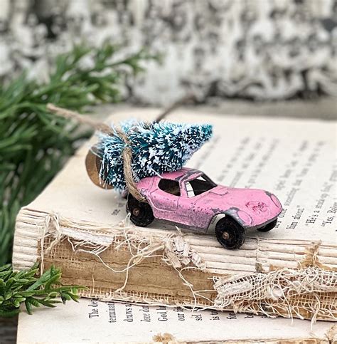 Vintage PINK Toy Car With Flocked Green Bottle Brush Tree Vintage Toy Farmhouse Christmas