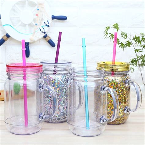 2020 15oz Plastic Mason Jar With Handles Lids And Colored Straws Glitter Mason Tumbler Double ...