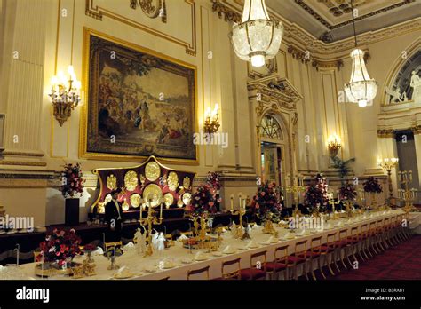 The Ballroom at Buckingham palace in London England set up for a State ...