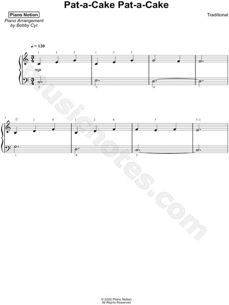 Piano Notion "Pat-a-Cake Pat-a-Cake" Sheet Music (Piano Solo) in C ...