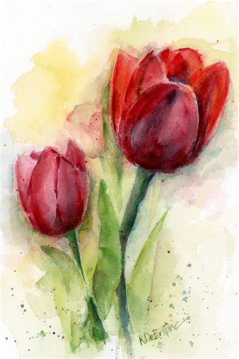 Two Red Tulips - Watercolor Painting & Prints by Kris DeBruine Studio