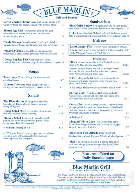 Blue Marlin Seafood Restaurant menu in Bradenton Beach, Florida, USA