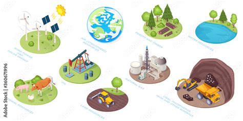 Natural resources icons, eco nature and renewable energy sources ...