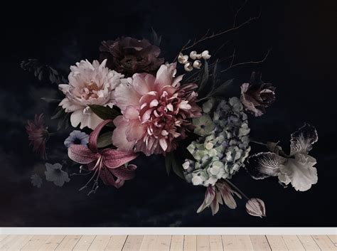 Dark Floral Wallpaper With Peony Bouquet, Peel and Stick Wall Mural, Flower Wall Decor ...