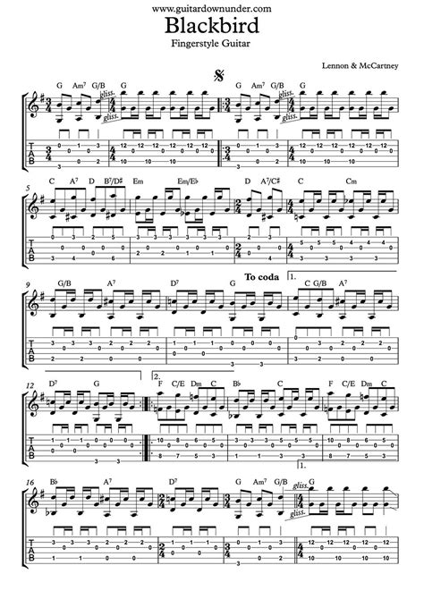 "Blackbird" Guitar part as played by Beatles in Tab and Notation.