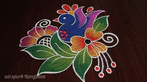 small bird rangoli | simple flower rangoli | kolam with dots | 5 pulli ...