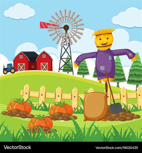 Farm scene with pumpkin patch Royalty Free Vector Image