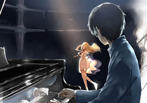 HD wallpaper: male anime character playing piano near woman playing violin wallpaper | Wallpaper ...